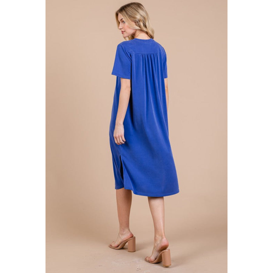 Ces Femme Side Slit Short Sleeve Midi Dress with Pockets Apparel and Accessories