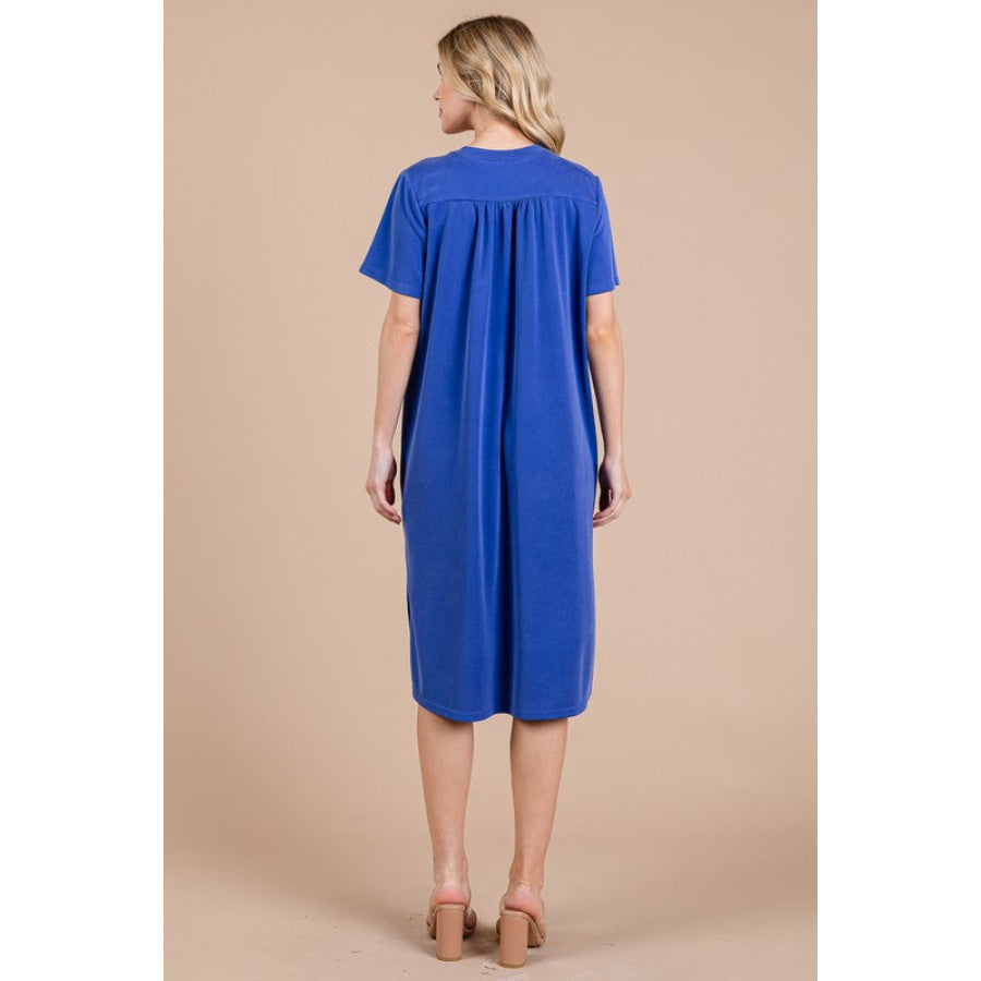 Ces Femme Side Slit Short Sleeve Midi Dress with Pockets Apparel and Accessories