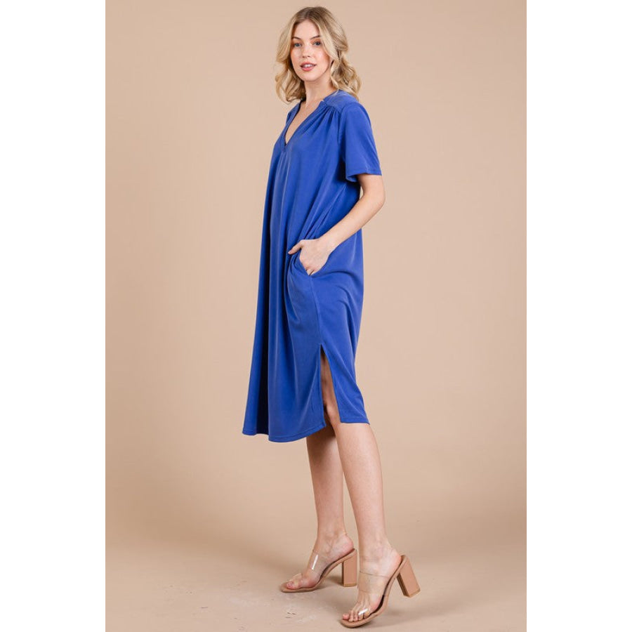 Ces Femme Side Slit Short Sleeve Midi Dress with Pockets Apparel and Accessories