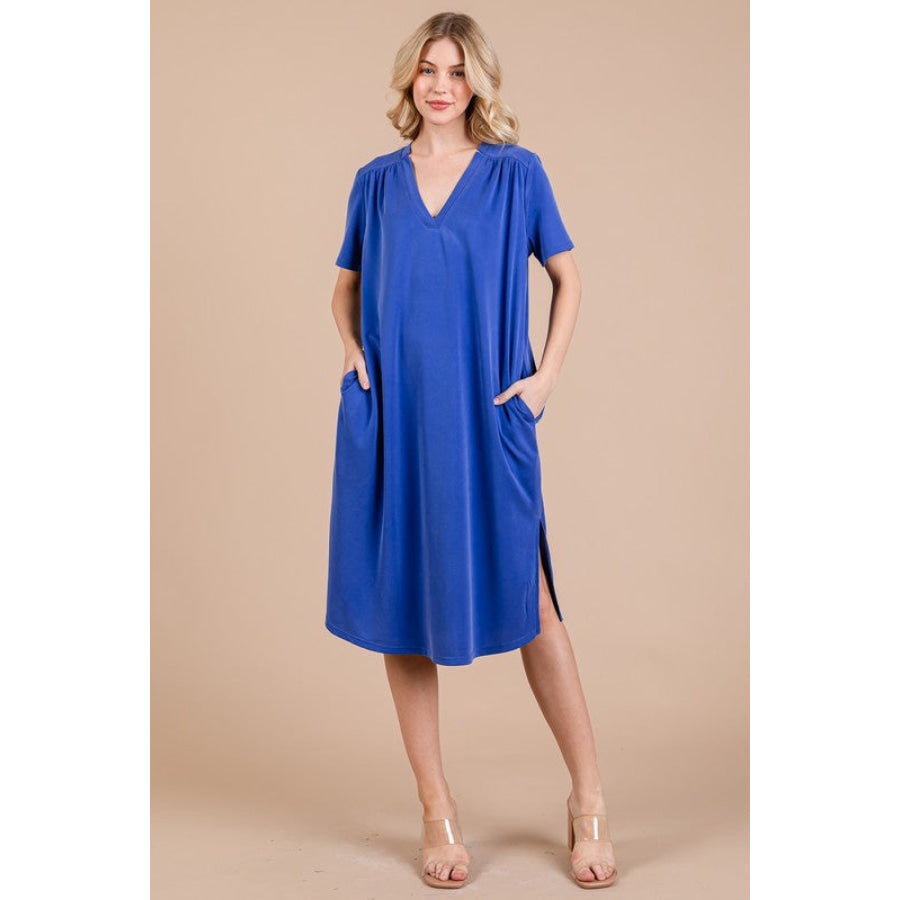 Ces Femme Side Slit Short Sleeve Midi Dress with Pockets Royal Blue / S Apparel and Accessories