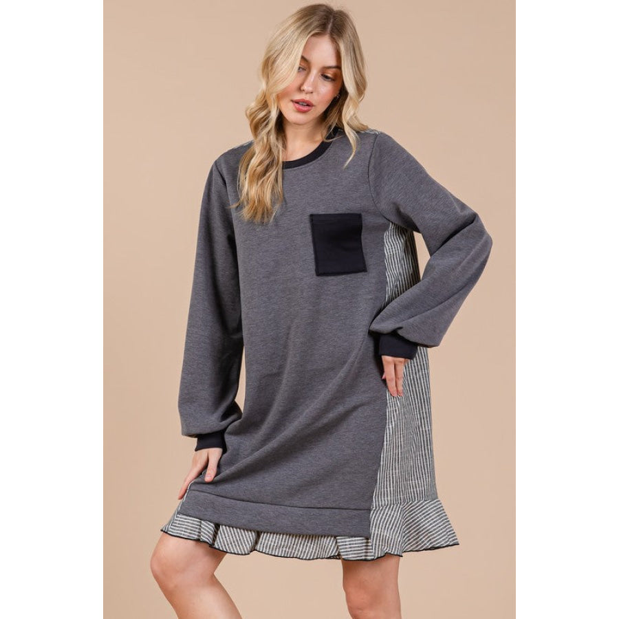 Ces Femme Striped Patchwork Round Neck Terry Sweatshirt Dress Apparel and Accessories