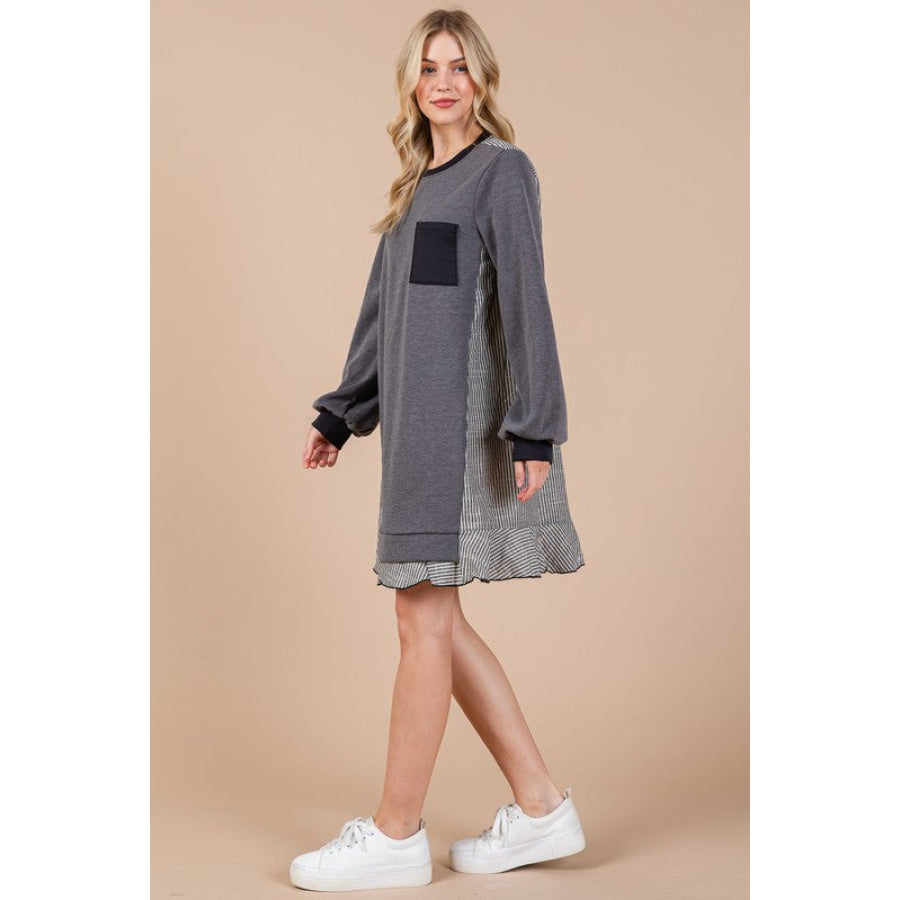 Ces Femme Striped Patchwork Round Neck Terry Sweatshirt Dress Apparel and Accessories