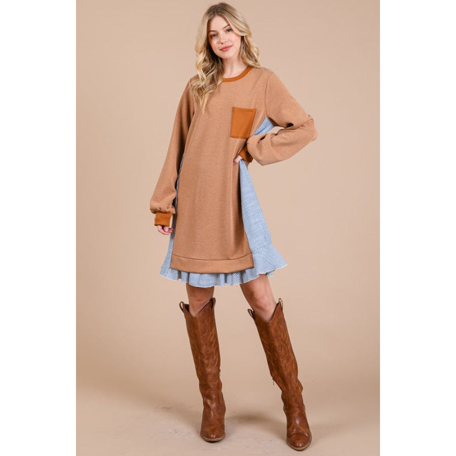 Ces Femme Striped Patchwork Round Neck Terry Sweatshirt Dress Apparel and Accessories