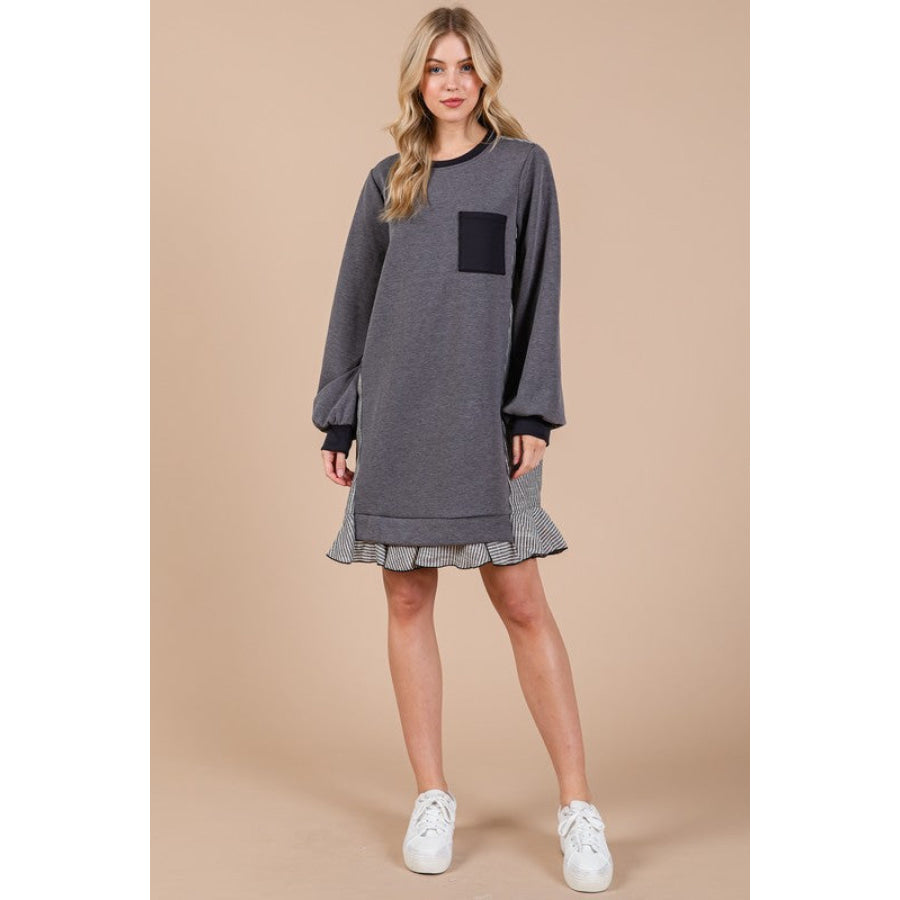 Ces Femme Striped Patchwork Round Neck Terry Sweatshirt Dress Apparel and Accessories