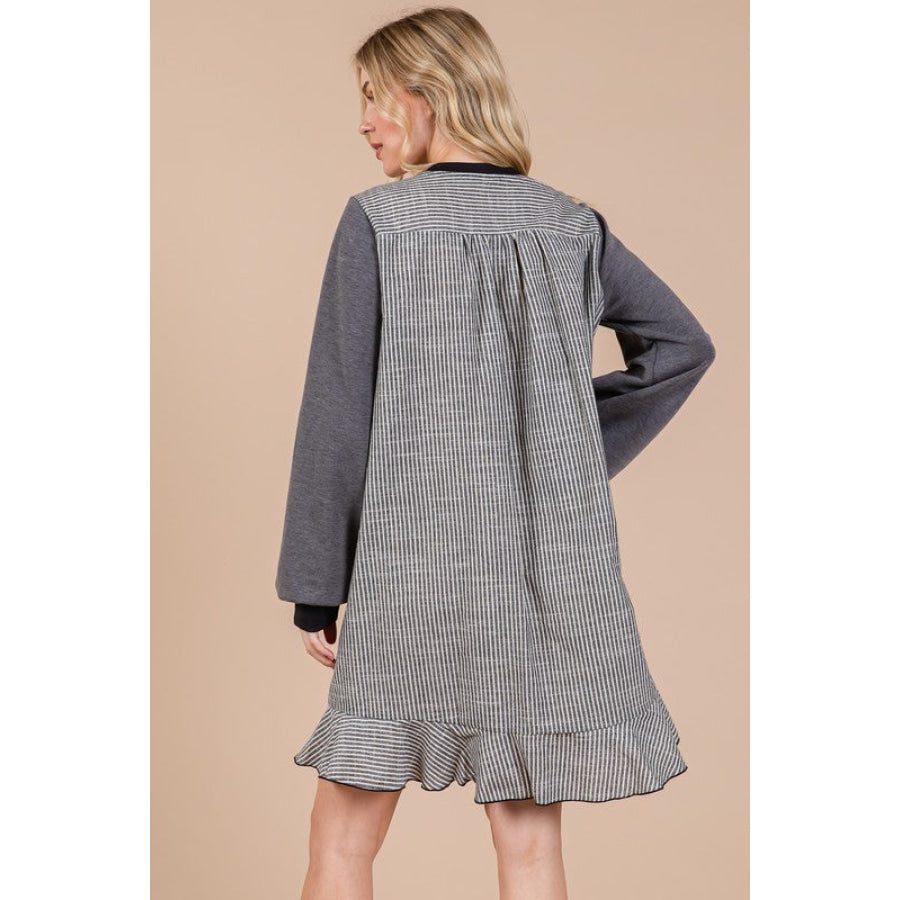 Ces Femme Striped Patchwork Round Neck Terry Sweatshirt Dress Charcoal / S Apparel and Accessories