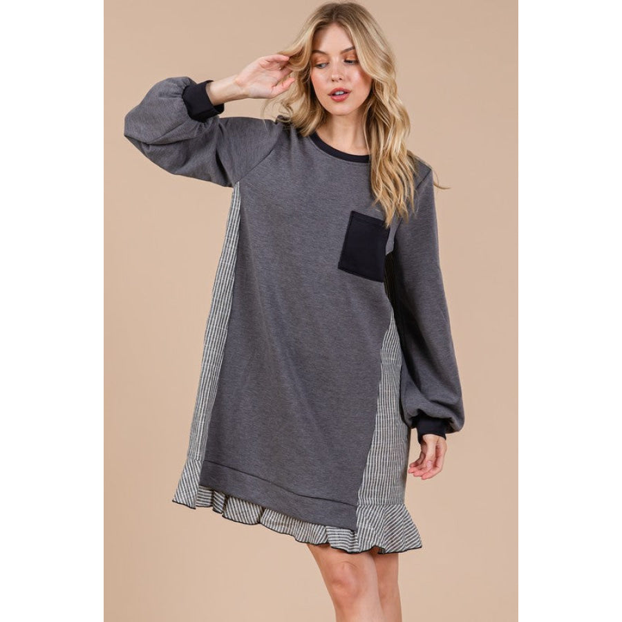 Ces Femme Striped Patchwork Round Neck Terry Sweatshirt Dress Apparel and Accessories