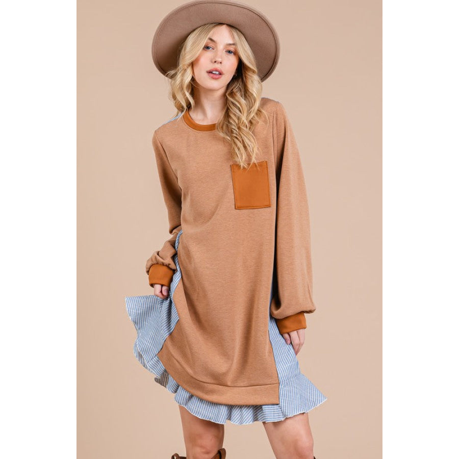 Ces Femme Striped Patchwork Round Neck Terry Sweatshirt Dress Apparel and Accessories