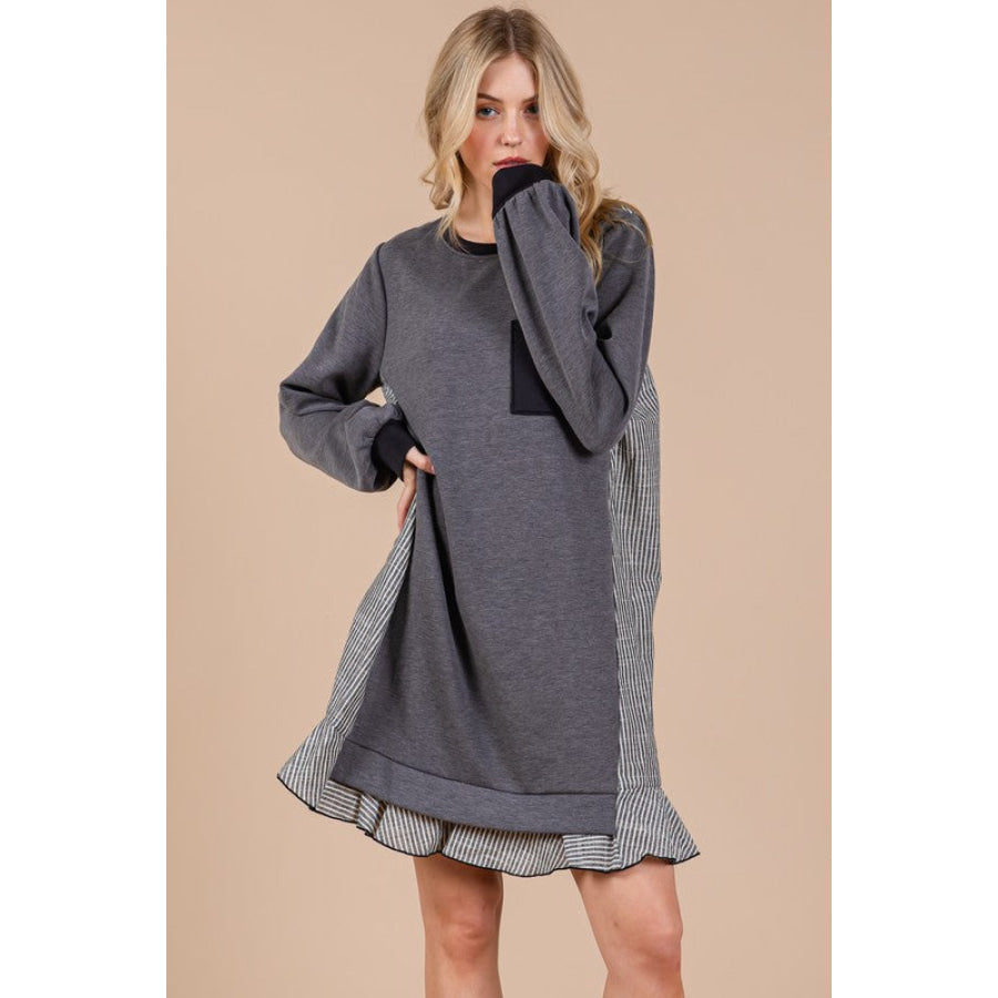 Ces Femme Striped Patchwork Round Neck Terry Sweatshirt Dress Apparel and Accessories