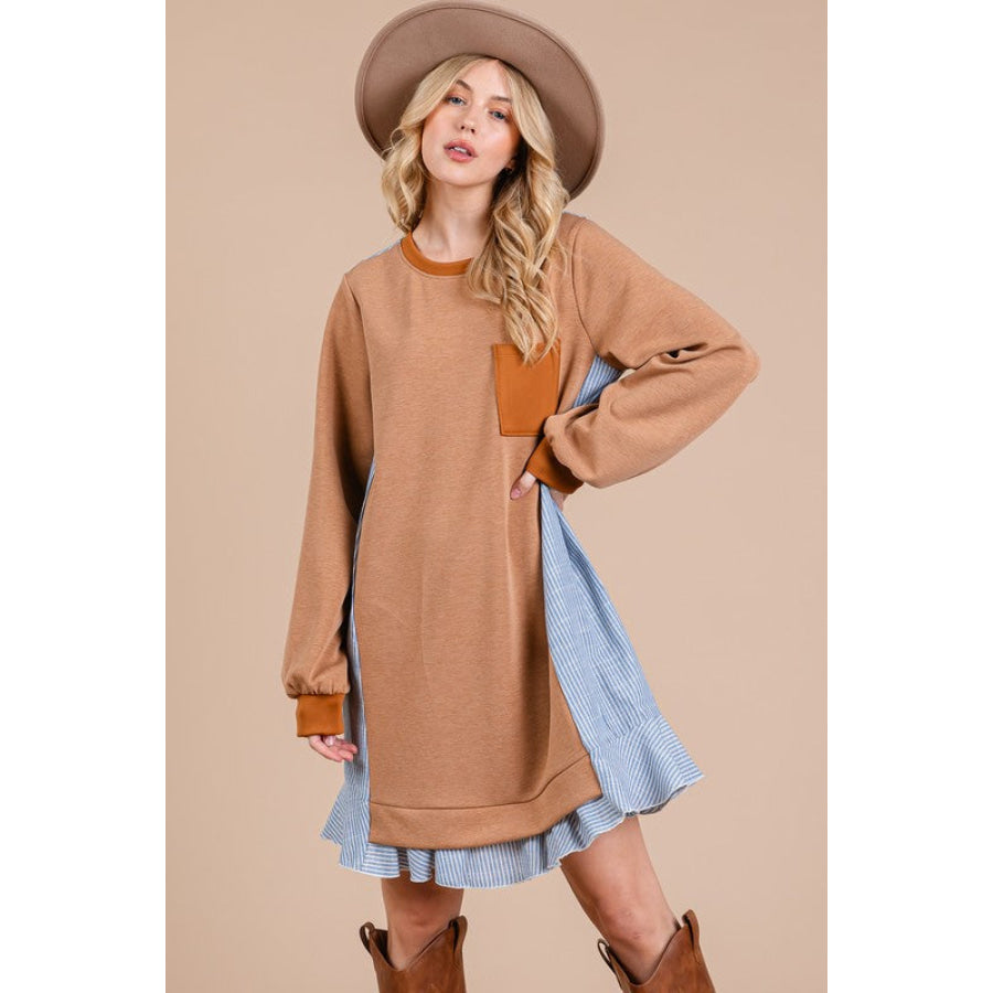 Ces Femme Striped Patchwork Round Neck Terry Sweatshirt Dress Caramel / S Apparel and Accessories