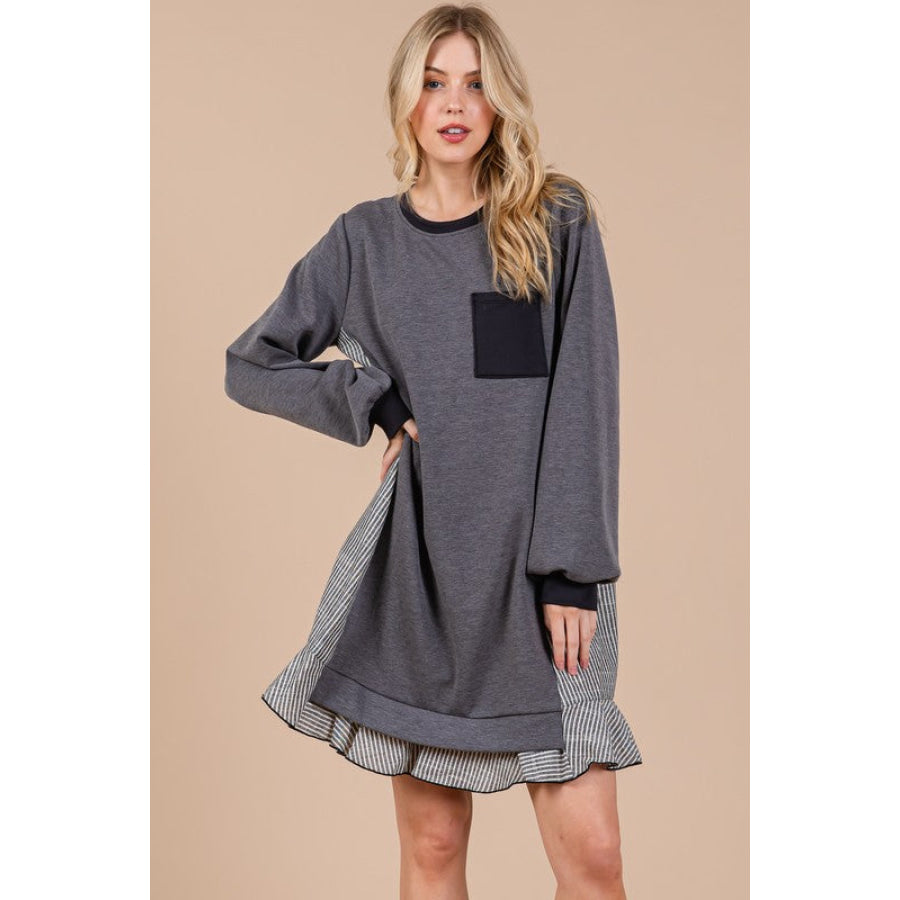 Ces Femme Striped Patchwork Round Neck Terry Sweatshirt Dress Charcoal / S Apparel and Accessories