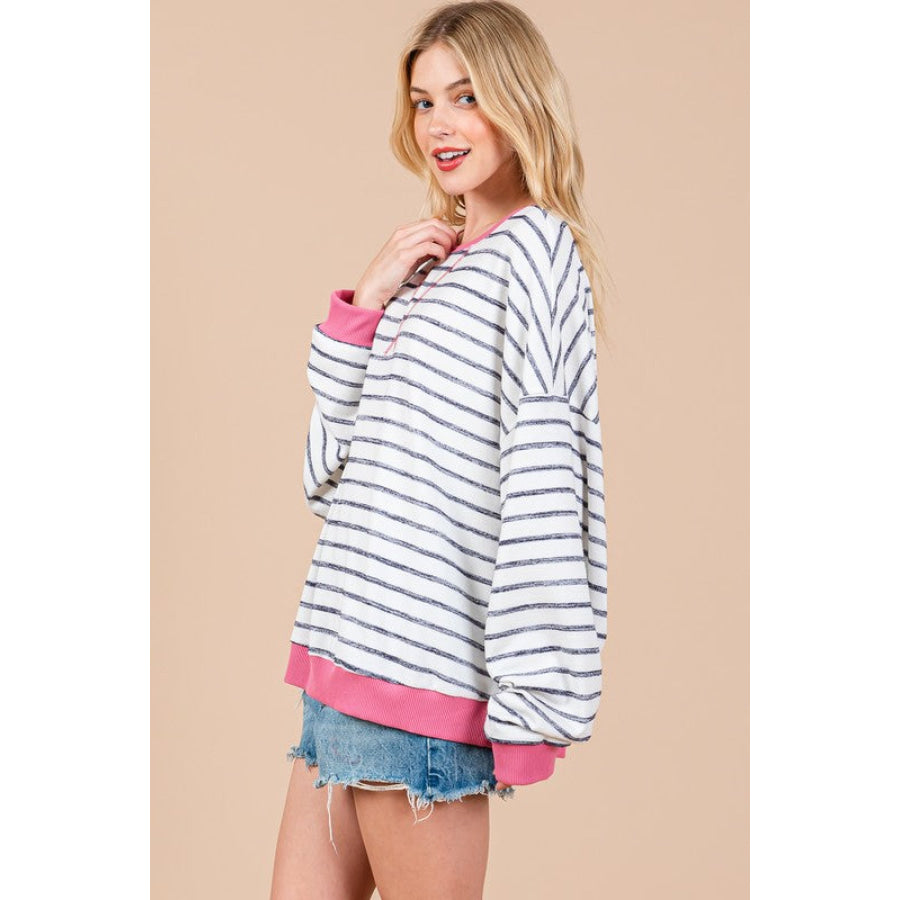 Ces Femme Striped Round Neck Drop Shoulder Sweatshirt Apparel and Accessories