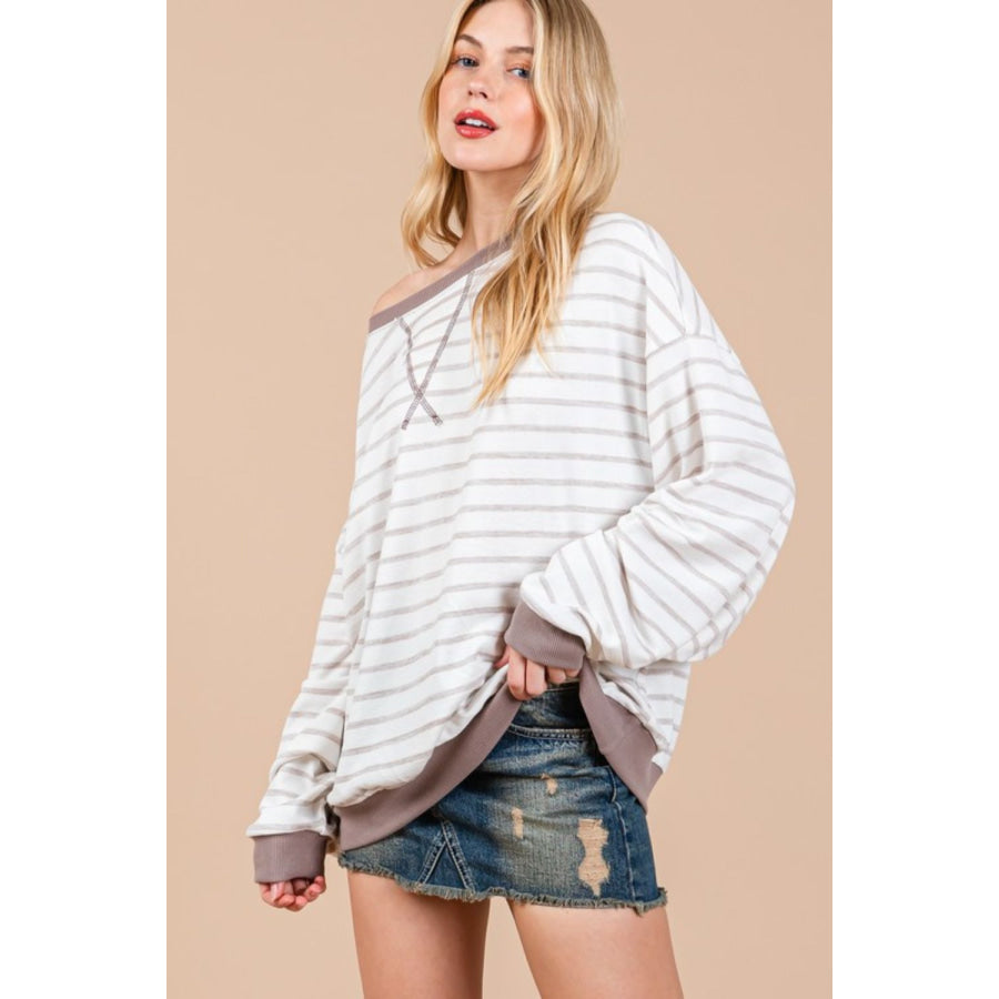 Ces Femme Striped Round Neck Drop Shoulder Sweatshirt Apparel and Accessories