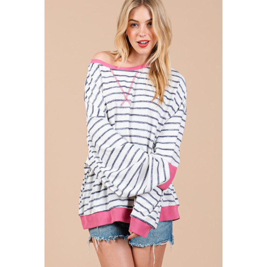 Ces Femme Striped Round Neck Drop Shoulder Sweatshirt Apparel and Accessories