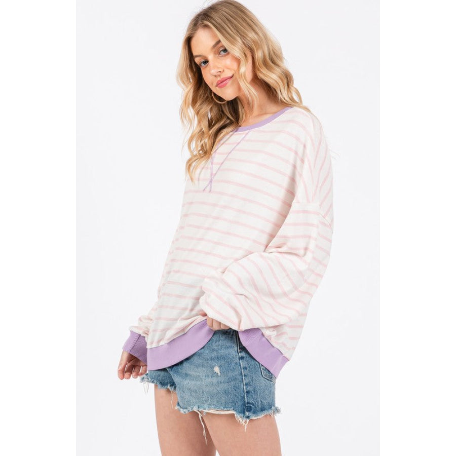 Ces Femme Striped Round Neck Drop Shoulder Sweatshirt Apparel and Accessories