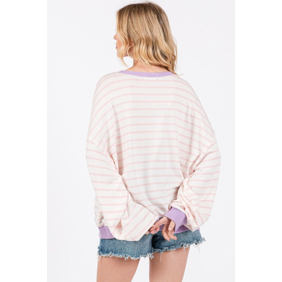 Ces Femme Striped Round Neck Drop Shoulder Sweatshirt Apparel and Accessories