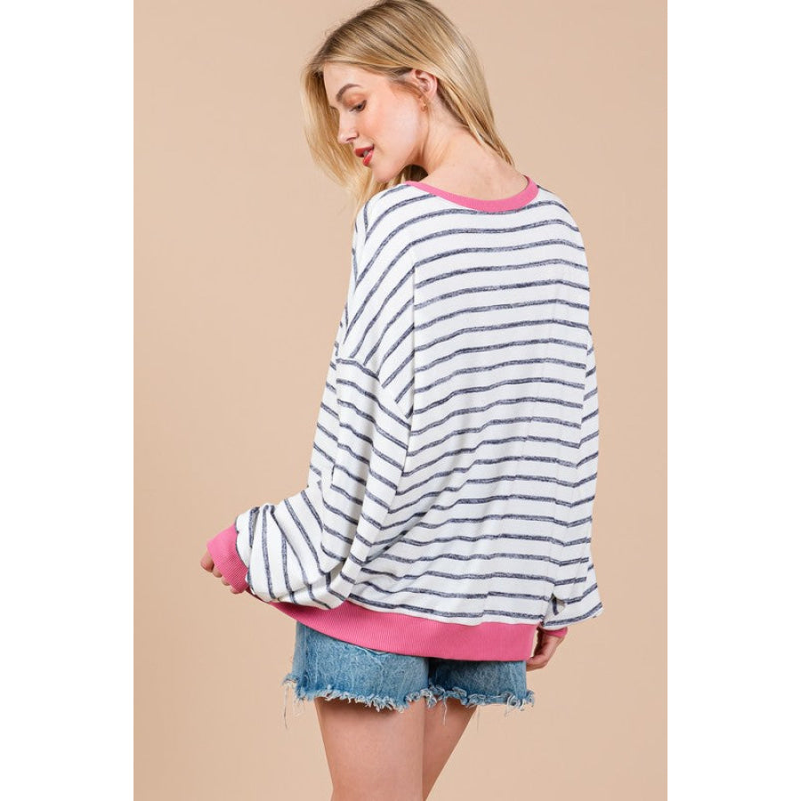 Ces Femme Striped Round Neck Drop Shoulder Sweatshirt Apparel and Accessories