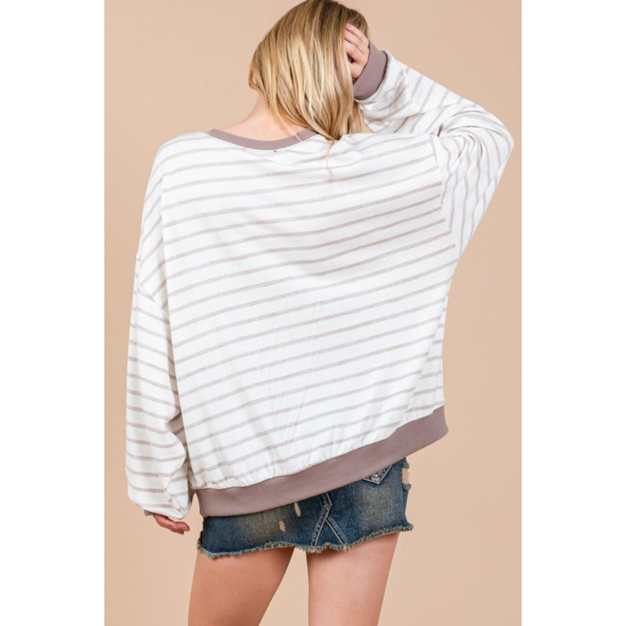 Ces Femme Striped Round Neck Drop Shoulder Sweatshirt Apparel and Accessories