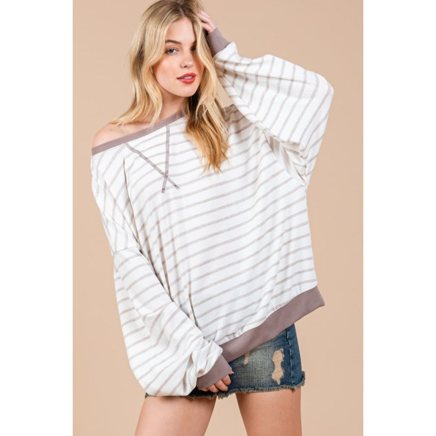 Ces Femme Striped Round Neck Drop Shoulder Sweatshirt Apparel and Accessories