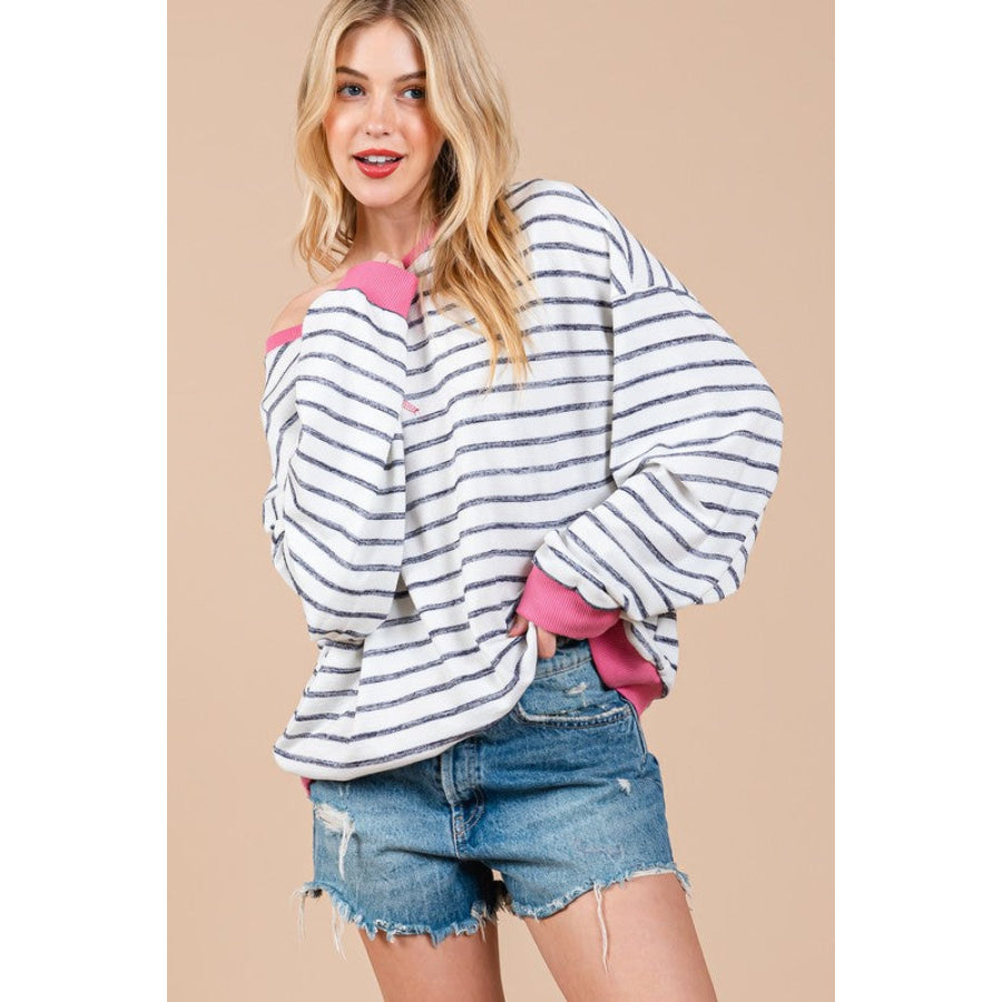 Ces Femme Striped Round Neck Drop Shoulder Sweatshirt Black / S Apparel and Accessories