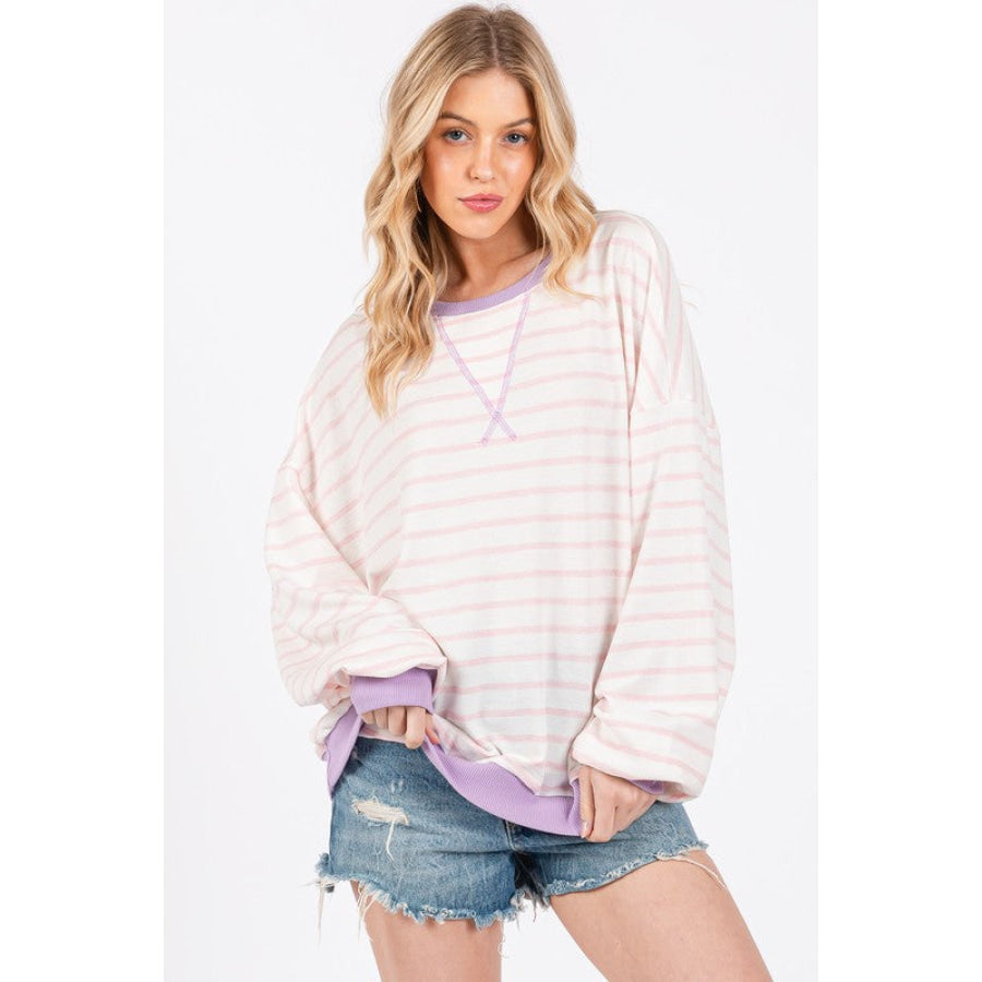 Ces Femme Striped Round Neck Drop Shoulder Sweatshirt Blush Pink / S Apparel and Accessories