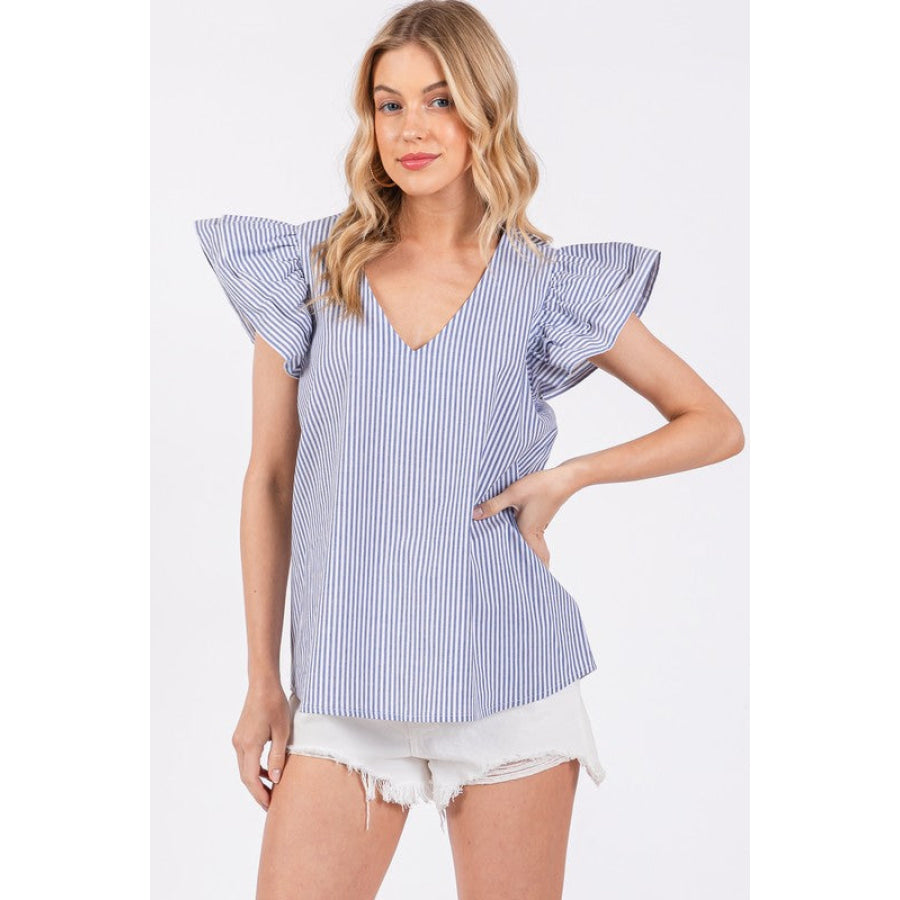 Ces Femme Striped V-Neck Ruffled Cap Sleeve Blouse Apparel and Accessories