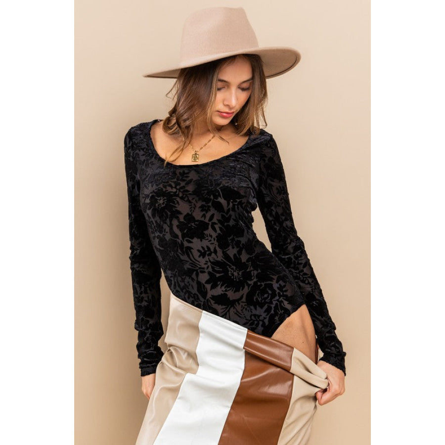 Ces Femme Velvet Floral Long Sleeve Bodysuit Apparel and Accessories