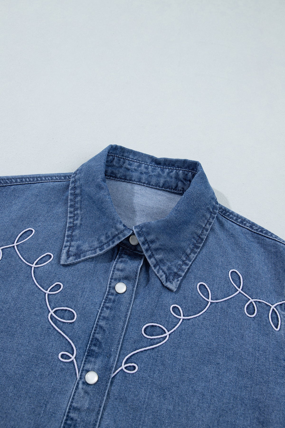 Dusk Blue Western Embroidered Collar Long Sleeve Denim Shirt