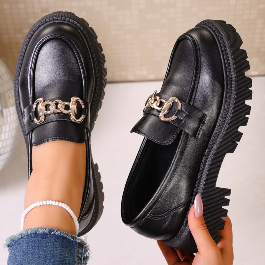Chain Decor Round Toe Loafers Apparel and Accessories