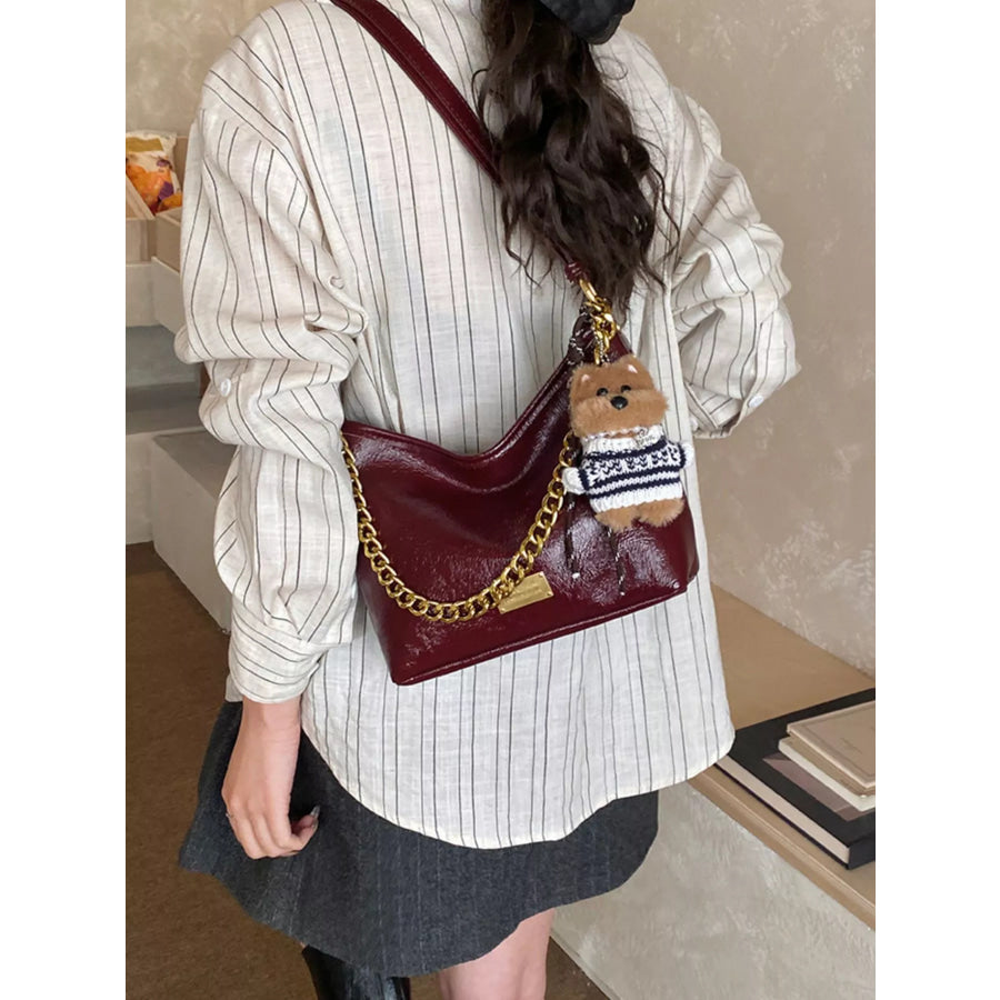 Chain Decor Shoulder Bag with Bear Charm Burgundy / One Size Apparel and Accessories