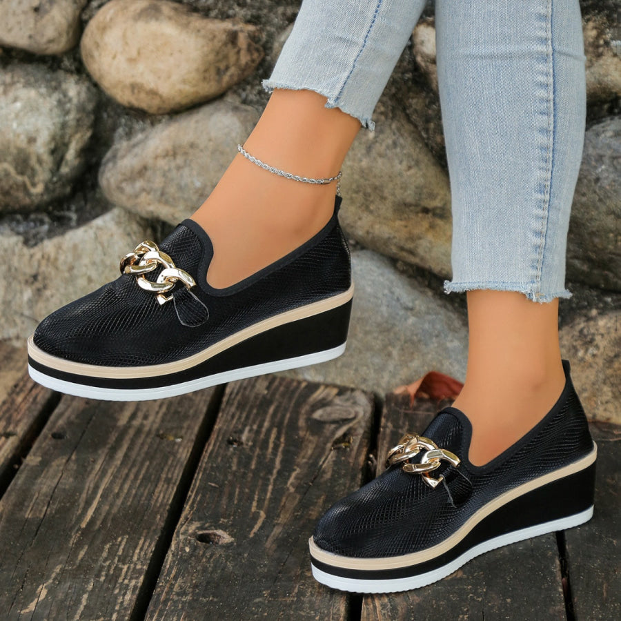 Chain Decor Wedge Loafers Apparel and Accessories