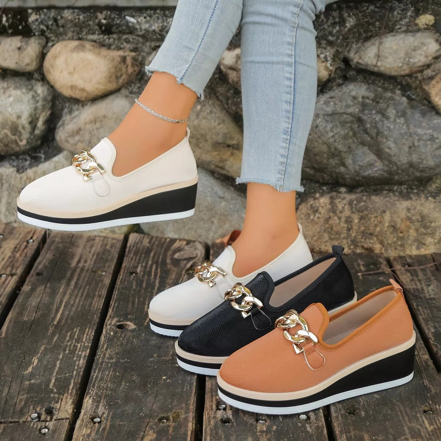 Chain Decor Wedge Loafers Apparel and Accessories