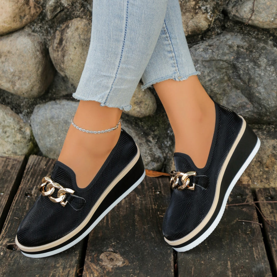 Chain Decor Wedge Loafers Black / 36 Apparel and Accessories