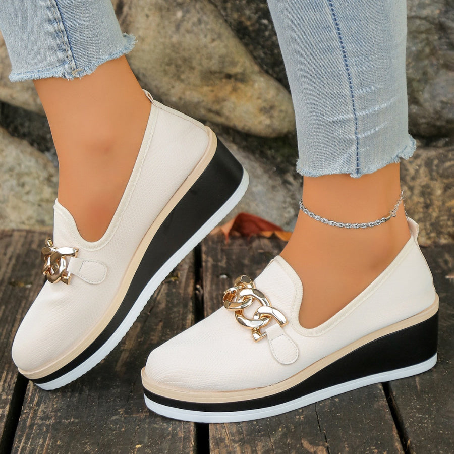 Chain Decor Wedge Loafers Brown / 36 Apparel and Accessories