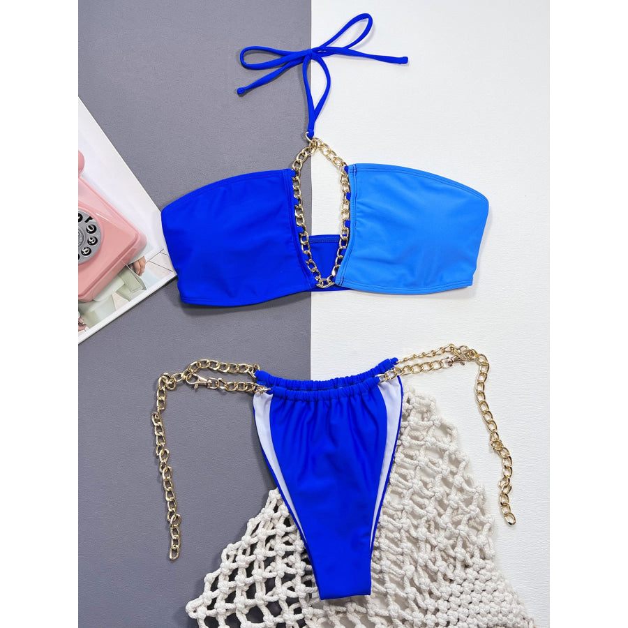 Chain Detail Halter Neck Bikini Set Royal Blue / S Apparel and Accessories