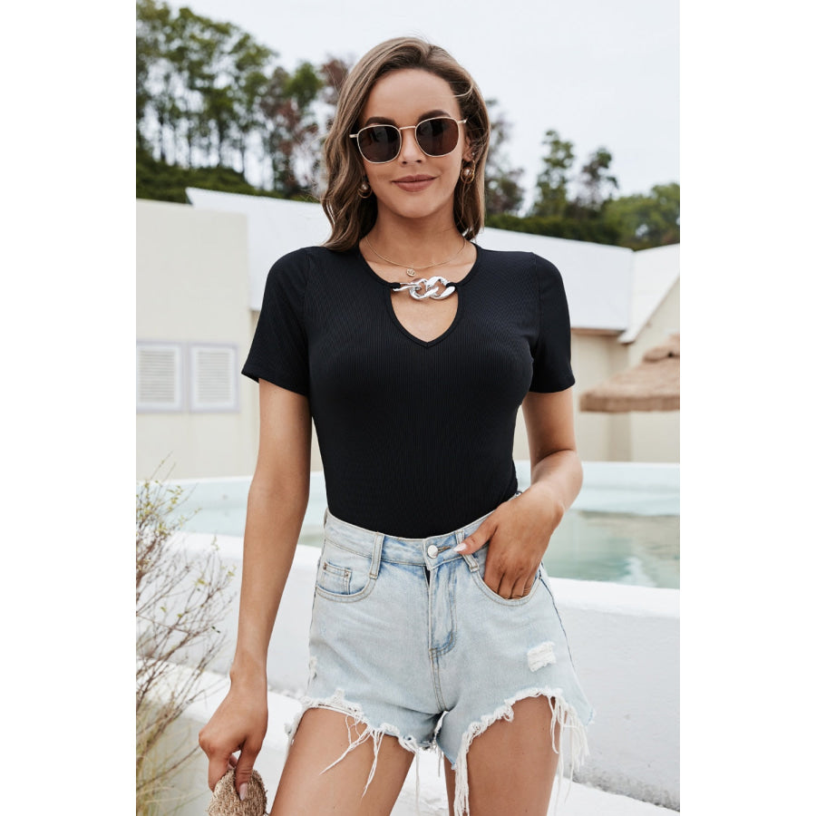 Chain Detail Ribbed Short Sleeve Bodysuit Apparel and Accessories