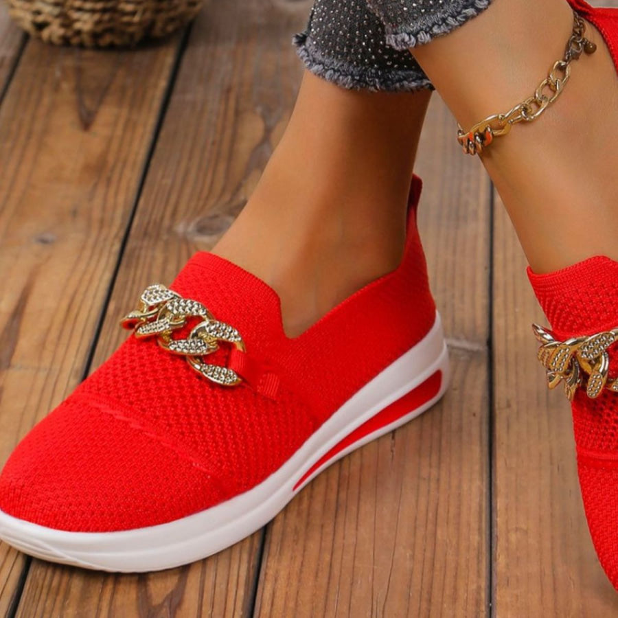 Chain Detail Round Toe Slip-Ons Apparel and Accessories