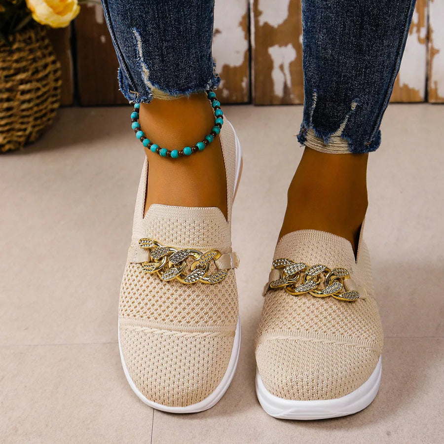 Chain Detail Round Toe Slip-Ons Beige / 36 Apparel and Accessories