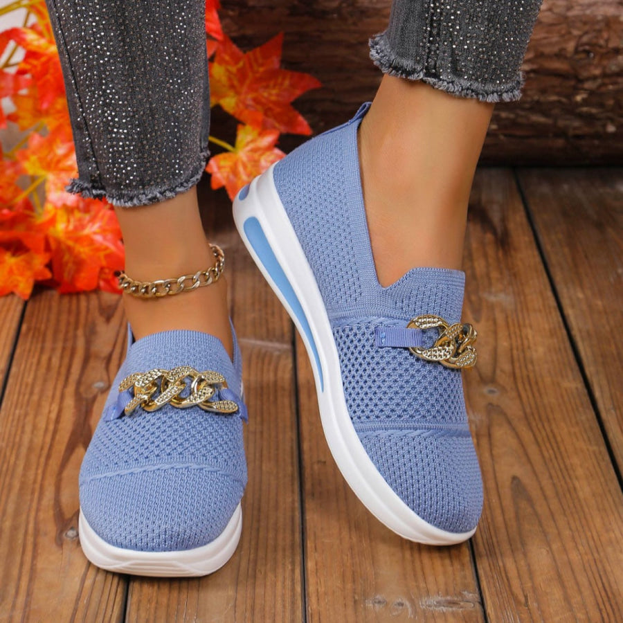 Chain Detail Round Toe Slip-Ons Blue / 36 Apparel and Accessories