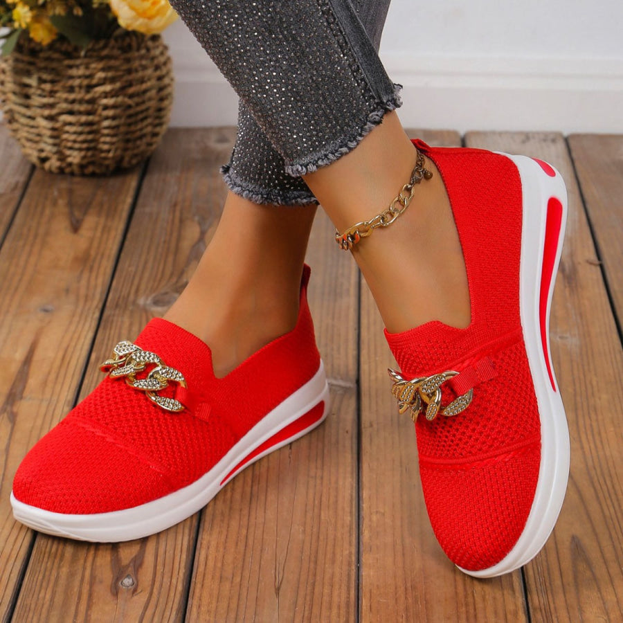 Chain Detail Round Toe Slip-Ons Red / 36 Apparel and Accessories