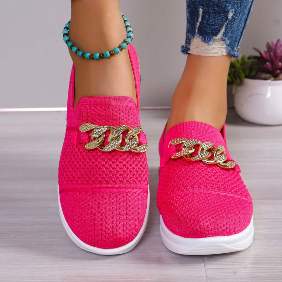 Chain Detail Round Toe Slip-Ons Rose Red / 36 Apparel and Accessories