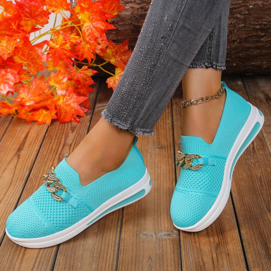 Chain Detail Round Toe Slip-Ons Sky Blue / 36 Apparel and Accessories