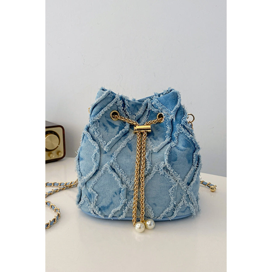 Chain Drawstring Raw Edge Denim Bucket Bag Apparel and Accessories