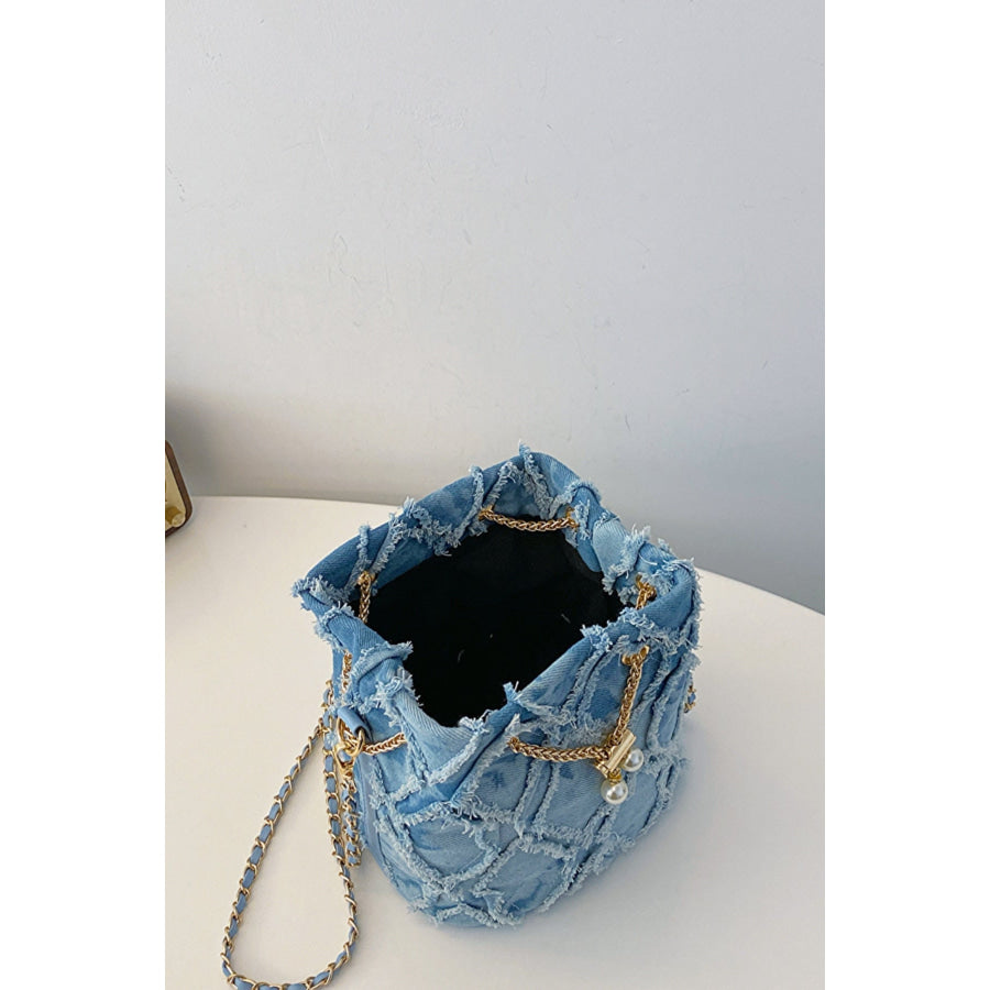 Chain Drawstring Raw Edge Denim Bucket Bag Apparel and Accessories