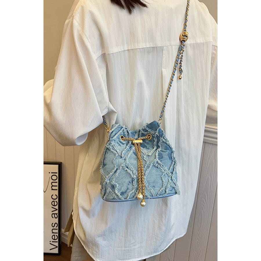 Chain Drawstring Raw Edge Denim Bucket Bag Apparel and Accessories