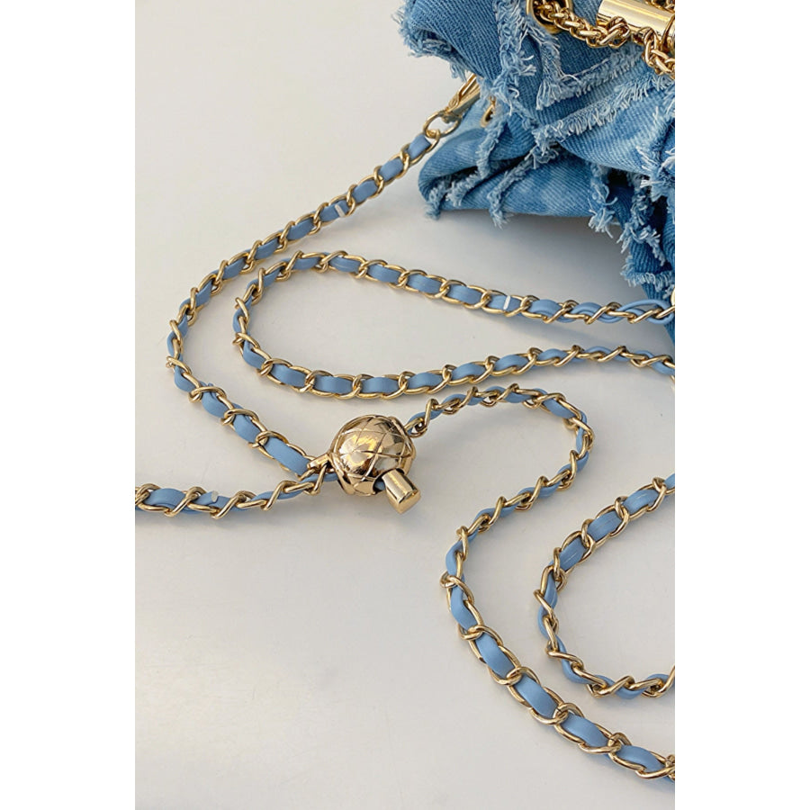 Chain Drawstring Raw Edge Denim Bucket Bag Apparel and Accessories