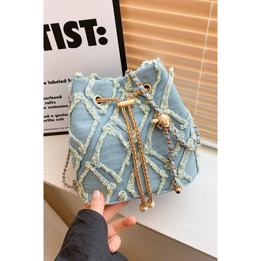 Chain Drawstring Raw Edge Denim Bucket Bag Apparel and Accessories