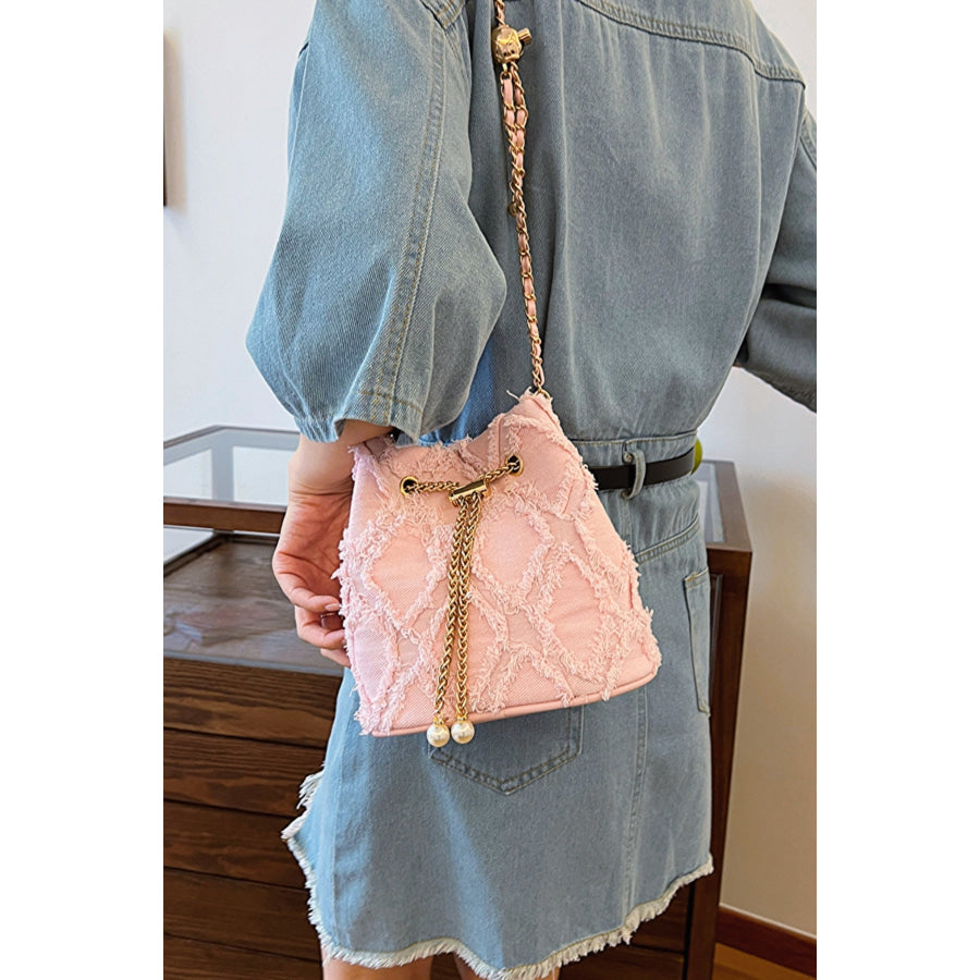 Chain Drawstring Raw Edge Denim Bucket Bag Apparel and Accessories