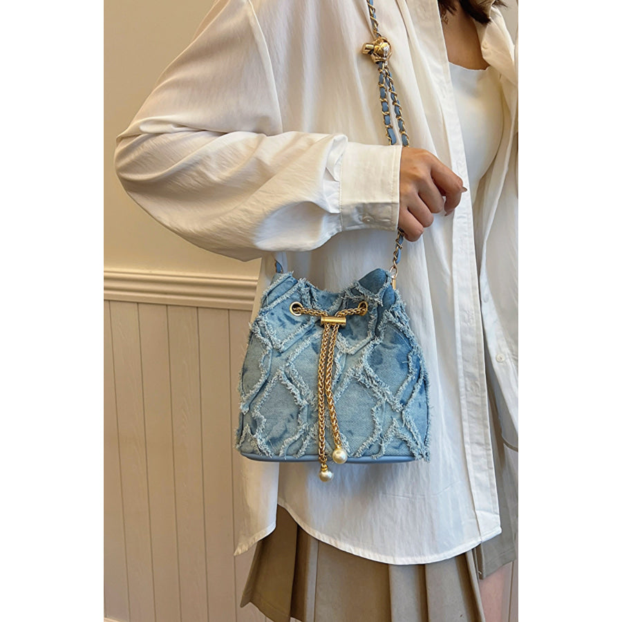 Chain Drawstring Raw Edge Denim Bucket Bag Apparel and Accessories