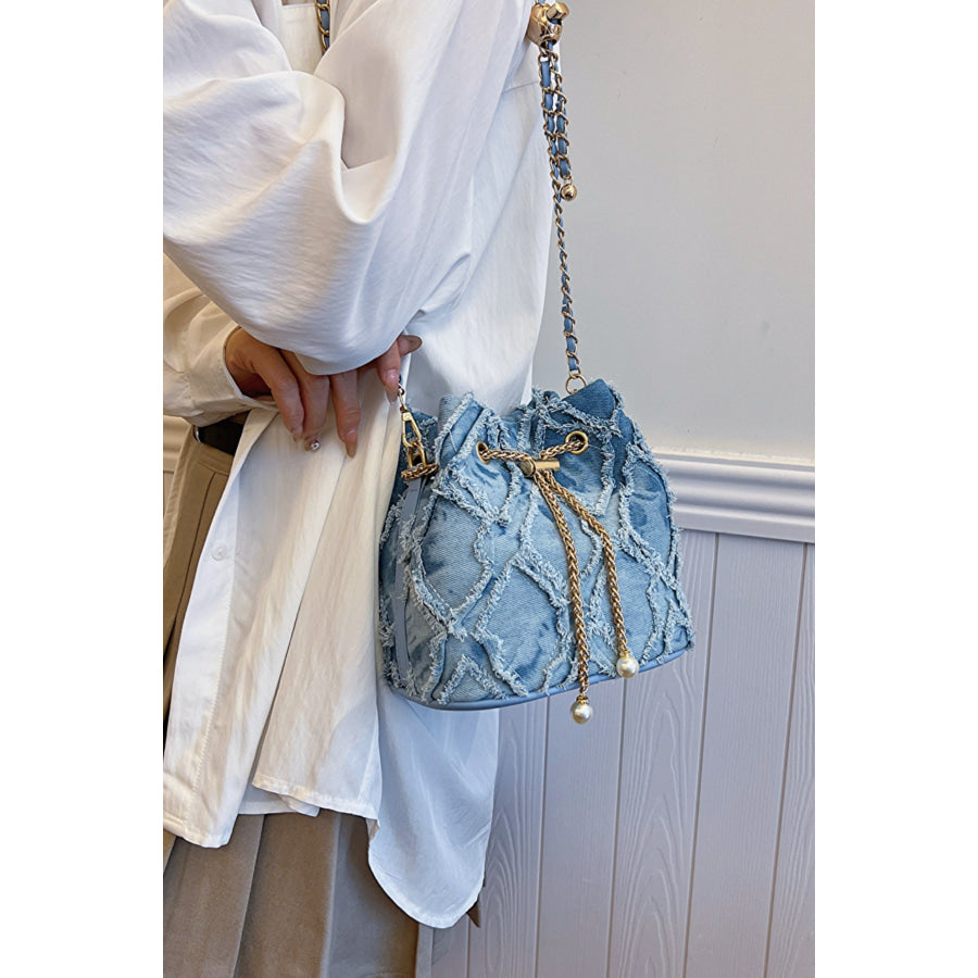 Chain Drawstring Raw Edge Denim Bucket Bag Blue / One Size Apparel and Accessories