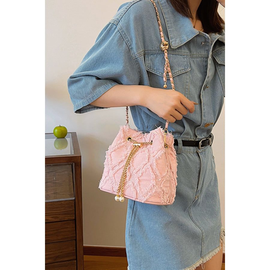 Chain Drawstring Raw Edge Denim Bucket Bag Pink / One Size Apparel and Accessories